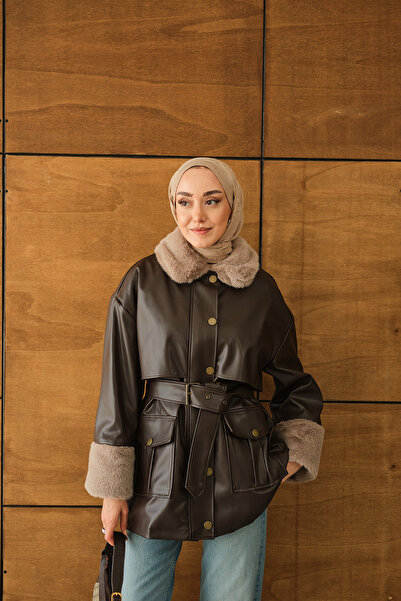 LOCCO Дамско кафяво кожено яке с кожена яка и маншети