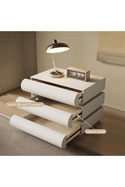 eR D L Bedside table with 3 drawers made of solid wood for the bedroom, -leather, 50x40x50 cm,