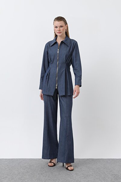 Loreen Γυναικείο σετ πουκάμισο και παντελόνι με χρυσό φερμουάρ και πλισέ στη ...