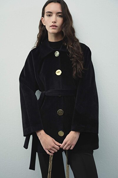 Hooopstore Milena Gold Buttoned Black Jacket Coat