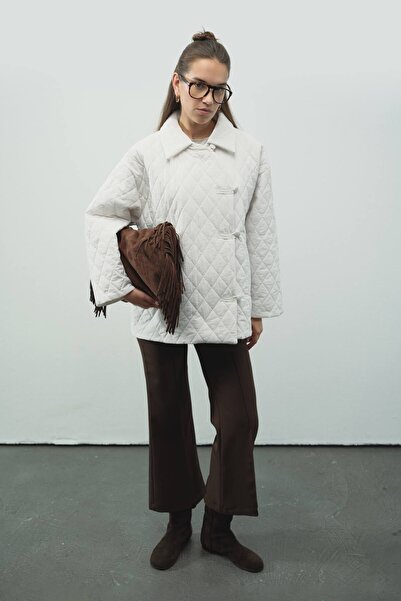 Hooopstore Buttoned Quilted Ecru Coat