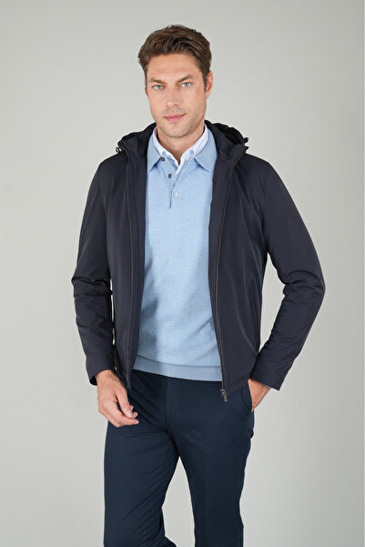 Bisse Deri Detaylı Regular Fit Erkek Lacivert Mont