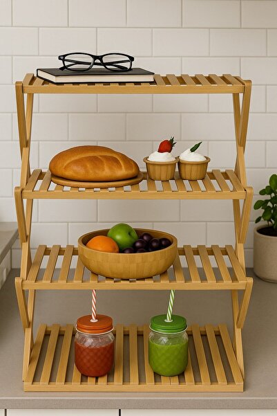 decorev Doğal Bambu 4 Katlı Çok Amaçlı Raf – Mutfak, Banyo ve Dekoratif Organizer Raf BR-6714