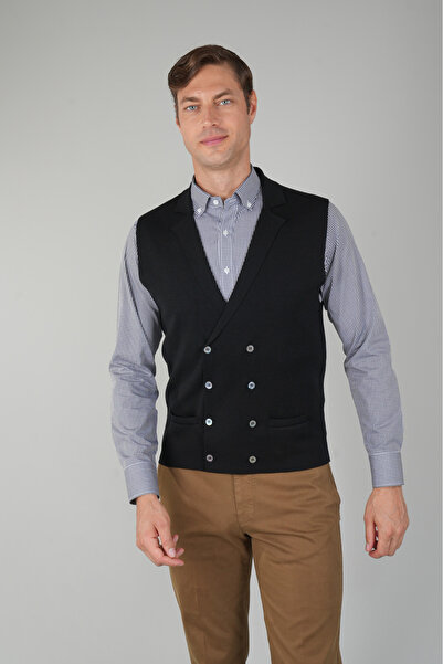 Bisse Siyah Kruvaze Yün Erkek Yelek
