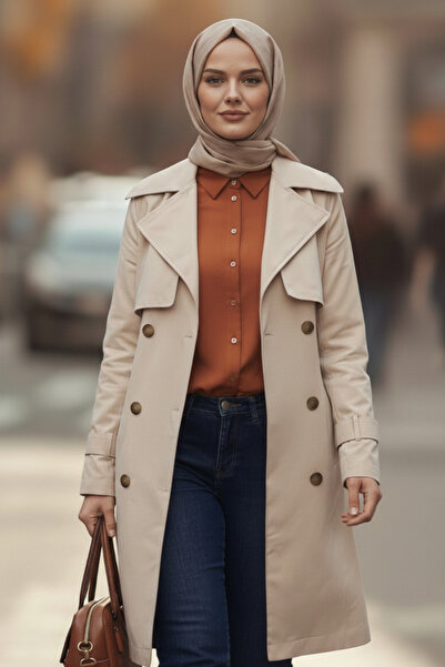 Zeneva Collection Taş Renk %100 Pamuk Gabardin Midi (95 cm) Astarlı Kemerli Kadın Tesettür Trençkot