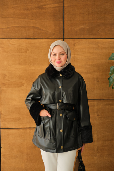 LOCCO Γυναικείο δερμάτινο μπουφάν με γούνα στον αστράγαλο και στο λαιμό μαύρο