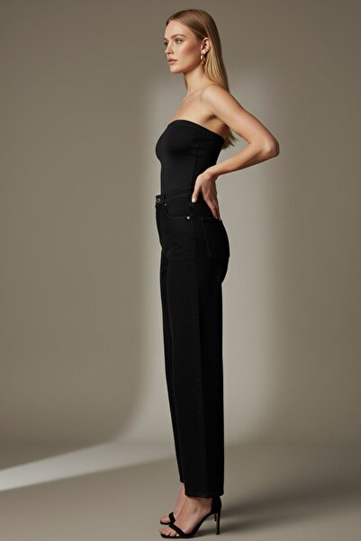 Kübra Tekstil Women's Black High Waist Palazzo Wide Leg Jean Trousers - New Season Women Palazzo Pants