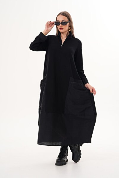 QUAWEAR Half-High Collar Zippered Garni Fabric Pocket Detailed Combed Cotton Fabric Full Length Dress