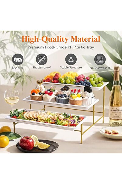 OEM Set of 3 Lifewit serving trays, 3 levels, 30x16 cm, foldable, plastic, metal stand, black and white