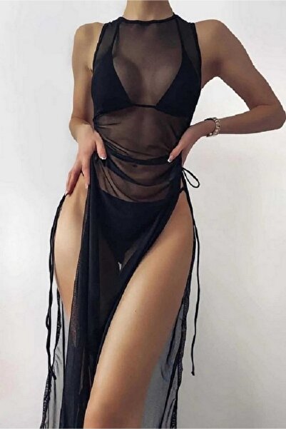 Novatik KADIN SİYAH TÜL TRANSPARAN MAXİ BOY ZARİF PAREO