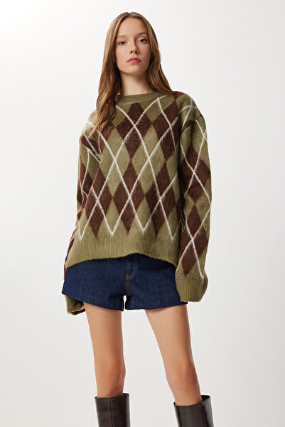 Lovelyİstanbul Baklava Patterned Oversized Knitwear Sweater Lfn0123 Khaki Bitter Brown