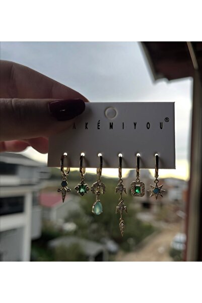 winecollectionco Zümrüt Taşlı Yeşil Altılı Baget Kadın Küpe Seti