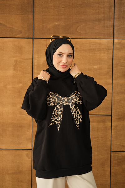 LOCCO Women's Leopard Ribbon Detailed Sweat Black