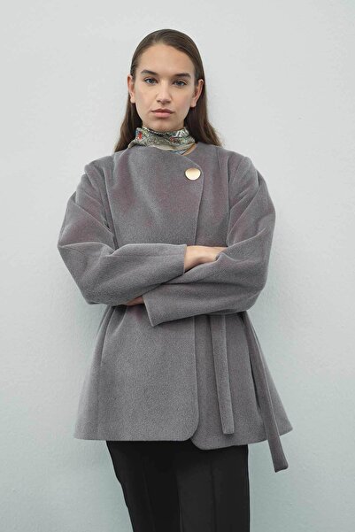 Hooopstore Premium Asymmetrical Collar Short Smoked Coat