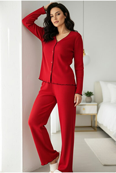 Siyah İnci Red Brushed Soft Textured Corded Fabric Ribbed Knit Knitted Buttoned Cardigan Pajama Suit 7962