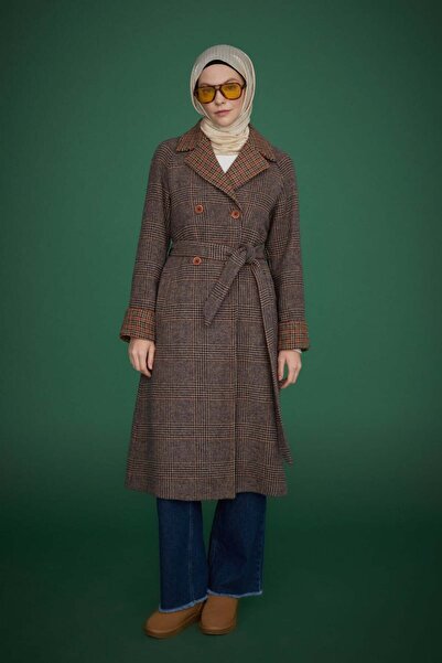 Nihan Kuşaklı Kruvaze Ekose Kaban - Kiremit