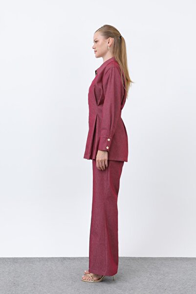 Loreen Women's Gold Zipper Detailed Waist Pleated Shirt and Pants Set -20651Tks - Burgundy