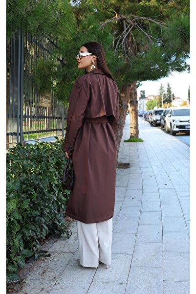 Dadali Double-Breasted Trench Coat with Collar Sleeves and Belt Detail Brown