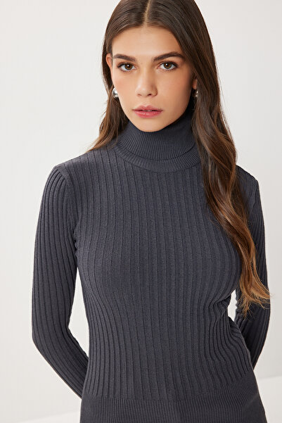 Lovelyİstanbul Πλεκτό πουλόβερ με ζιβάγκο κοτλέ LFN0126 ΑΝΘΡΑΚΙΤΙΚΟ