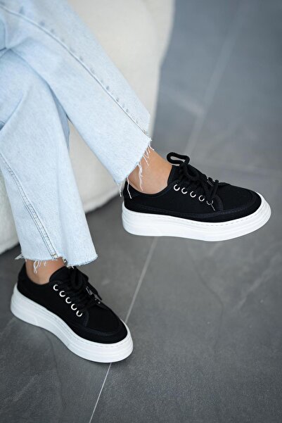 Parponi Lefkoşa Women's Linen Thick Sole Sports Shoes Black