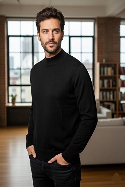 Mutlu City Men's Thin Wool Knitwear Regular Fit Dad Half Turtleneck High Neck Sweater Blouse 5140