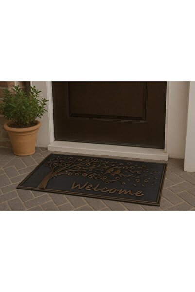 AB HOMES Entrance Doormat, Black, 75x45 cm, Tree with Flowers and Birds, 'Welcome'
