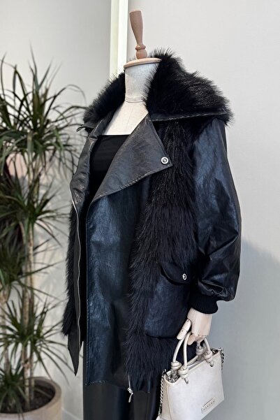 TUİS Kürklü Derili Kaban - Siyah