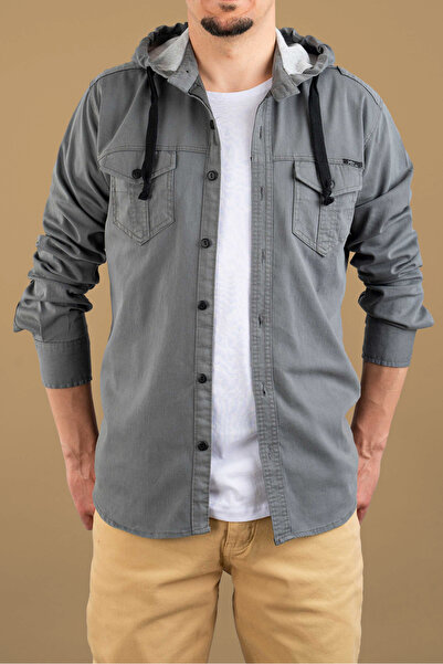 bombe Men's Slim Fit Hooded Denim Shirt Gray