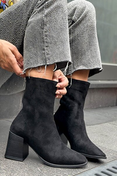 Shoebutik Marien Siyah Süet Kalın Topuk Kadın Bot