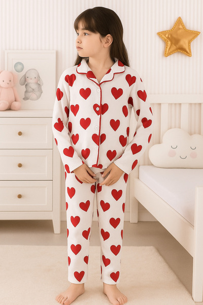 zahider Girl's Heart Patterned Buttoned Pajama Set