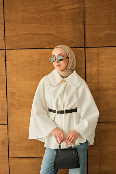 LOCCO Γυναικείο βελούδινο πόντσο με ζώνη λευκό