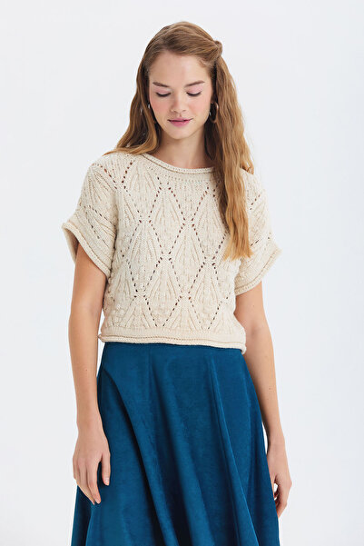 Clandestino Knitted Patterned Short Sleeve Sweater Beige