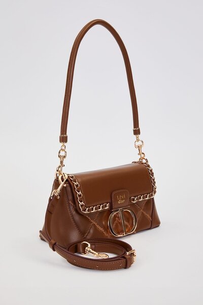 Levidor Quilted Embroidery and Chain Knit Detailed Double Strap Medium Size Women's Shoulder Bag Lv930583