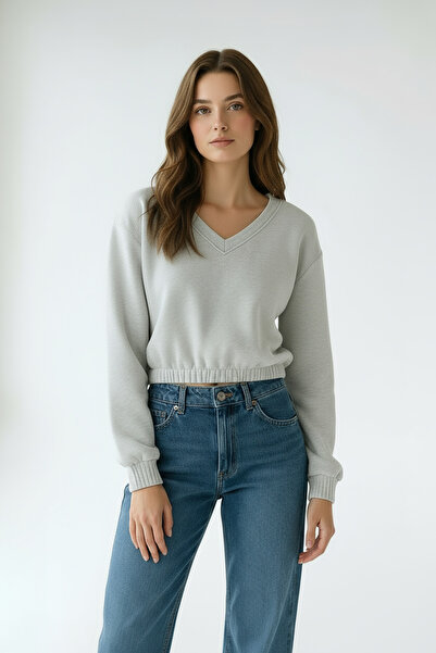 LYVEAN Three Thread Ş Fleece-Lined V-Neck Combed Cotton Crop