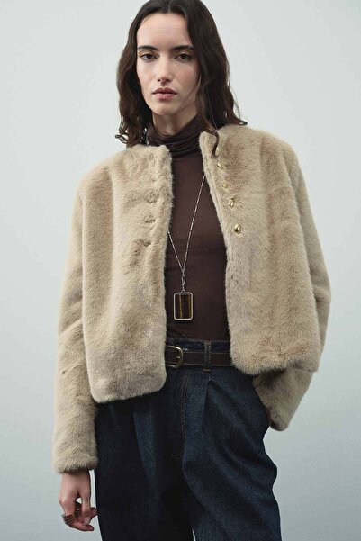 Hooopstore Jachetă scurtă din nurcă de pluș cu nasturi