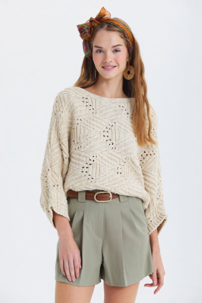 Clandestino Oversized Knitted Patterned Sweater Beige