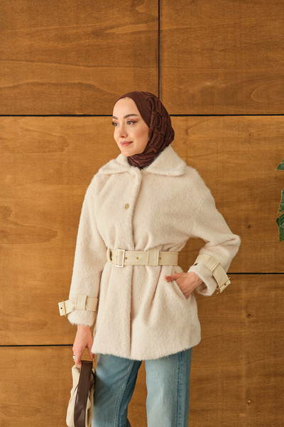 LOCCO Women's Gold Button Detail Belted Jacket Cream