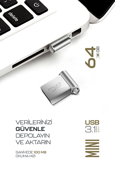 POWERWAY ذاكرة فلاش فائقة السرعة بسعة 64 جيجابايت، ميني يو إس بي 3.1، هيكل معدني، ذاكرة فلاش فائقة السرعة