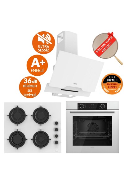 Ferre FryArt&FlowArt Dino Sessiz Davlumbaz Beyaz Cam Ankastre Set ( D064-SA + CS206-FA + XE63CB )