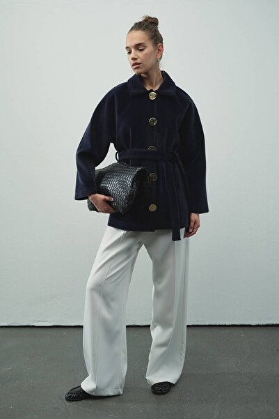 Hooopstore Milena Gold Buttoned Navy Blue Jacket Coat