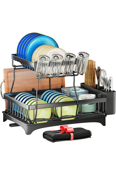 OEM SAYZH Dish Drainer, 2 Levels, 44.5 x 12.5 x 32.5 cm, Carbon Steel, Automatic Drain Tray, Black