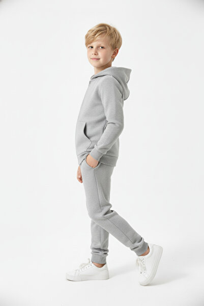 FYK KİDS Σετ αθλητικής φόρμας για αγόρια 3 İplik Winter Ş επένδυση fleece Απλό χωρίς στάμπα με φερμουάρ K με κουκούλα