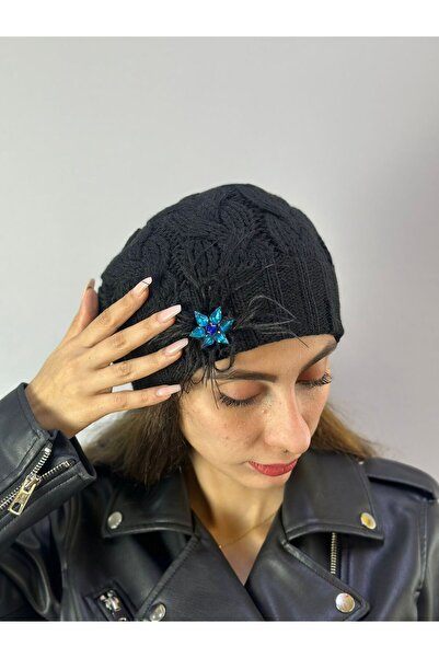 Gönülden Tasarım Hand Knitted Black Brick Flower Women's Beanie