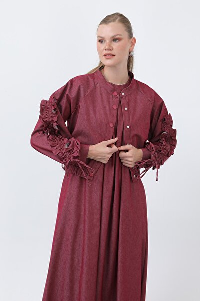 Loreen Women's Flared Sleeves Detailed Jacket Dress Set -20654Tks - Burgundy