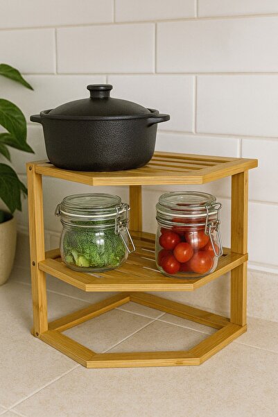 decorev Γωνιακό ράφι πολλαπλών χρήσεων από φυσικό μπαμπού 2 επιπέδων – Μπάνιο, κουζίνα και διακοσμητικός οργανωτής BR-6713