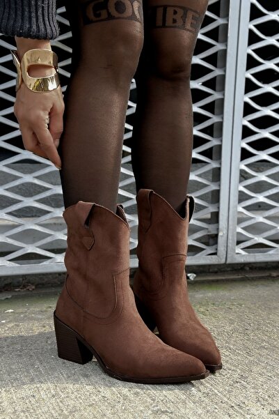 Shoebutik Thurma Acı Kahve Süet Western Kalın Topuk Kadın Bot