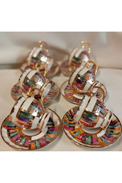 BY.RAYKA PORSELEN El Dekor Pervi̇z Porcelain Hand Painted Coffee Cup Set