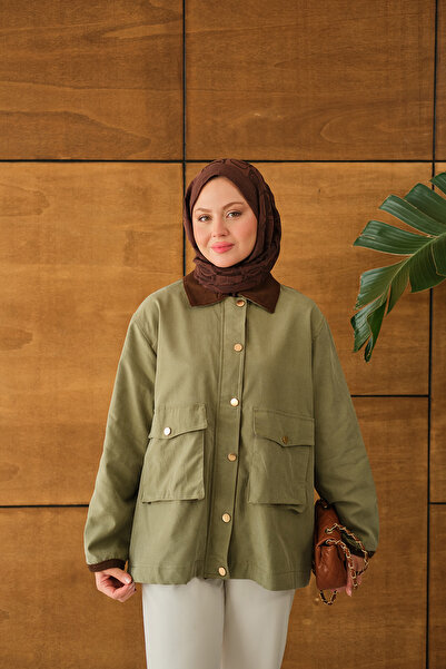 LOCCO Γυναικείο μπουφάν με βελούδινη λεπτομέρεια στο λαιμό και τα καρπά Χακί πράσινο