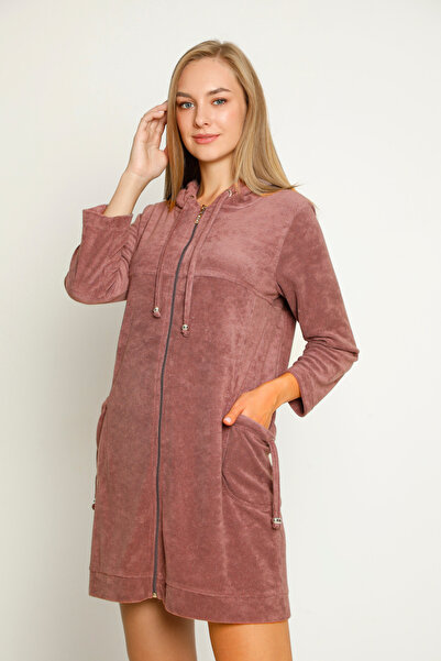 İntensive Hooded Long Sleeve Pocket Zippered Cotton Velvet Dress