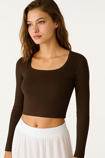 HAKKE U Yaka Fitilli Triko Crop KAZAK